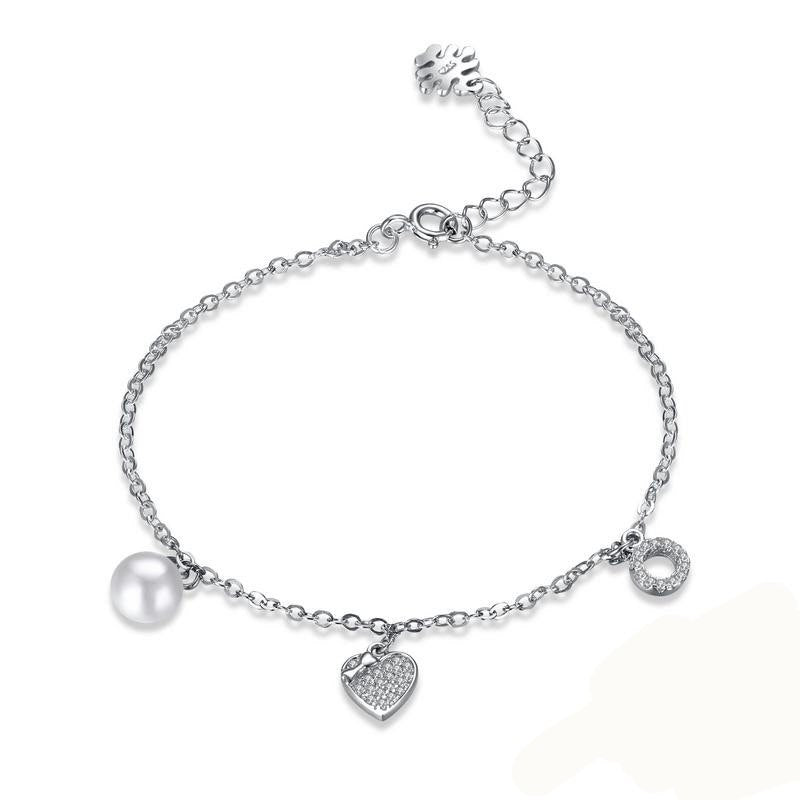 Sweet Pearl Heart Circle Pendant CZ 925 Bracelet