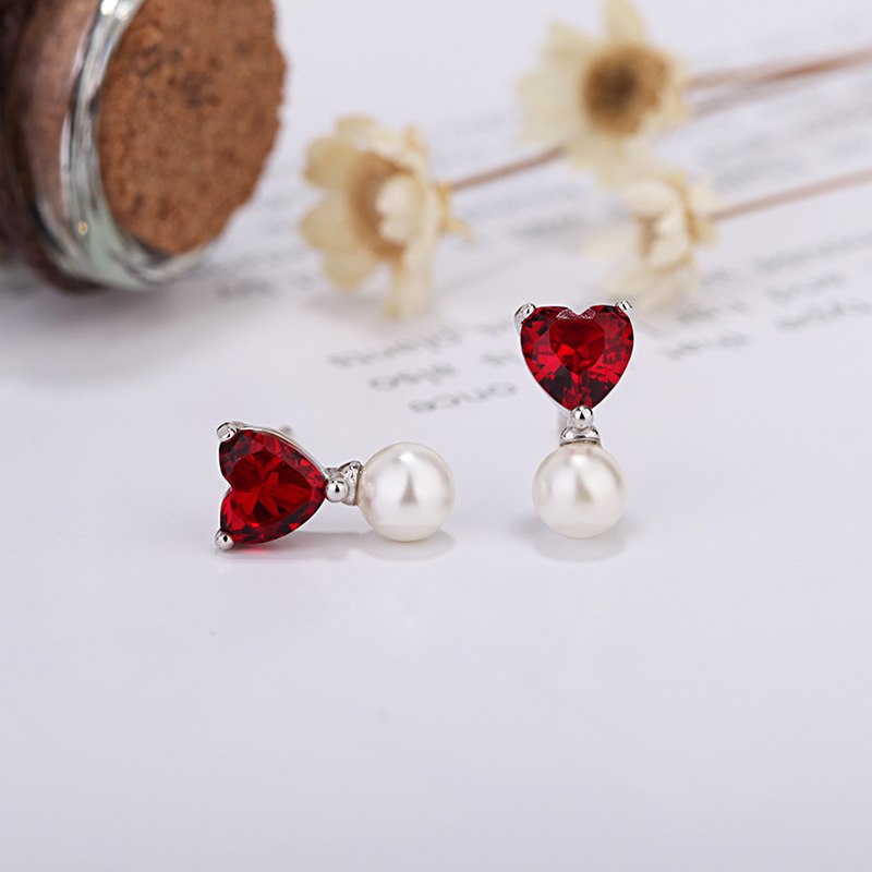 Sweet Style Red Crystal Heart Party Stud Earring for Women Fine Jewelry 100% 925 Sterling Sliver Pearl Ear Earrings Bijoux