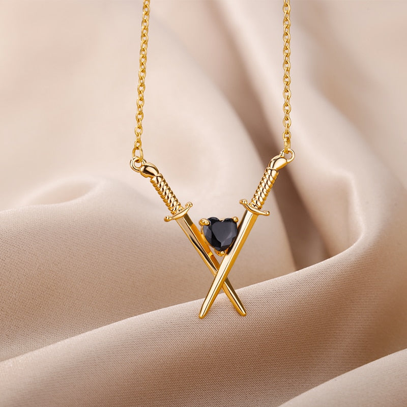 Sword and Heart Pendant Necklace for Women Vintage Gothic Stainless Steel Gold Colors Necklaces Couple Wedding Aesthetic Jewelry