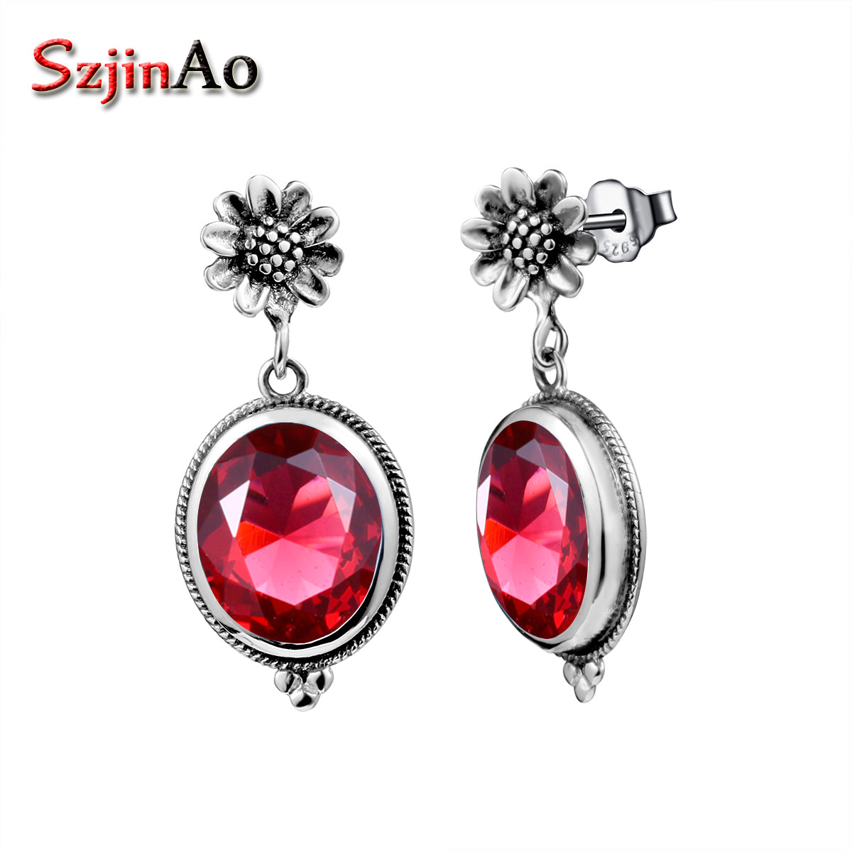 Szjiano 2020 Luxury Brand Ruby Dangle Big Oval Earrings For Women 925 Sterling Silver Wedding Party Bridal Vintage Fine Jewelry