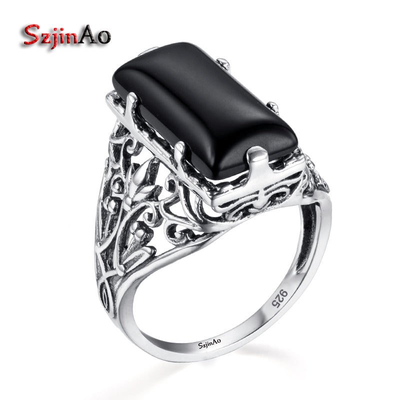 100% Genuine 925 Sterling Silver Black Square Clear Agate Finger Rings for Women Wedding Engagement Jewelry Big Sale