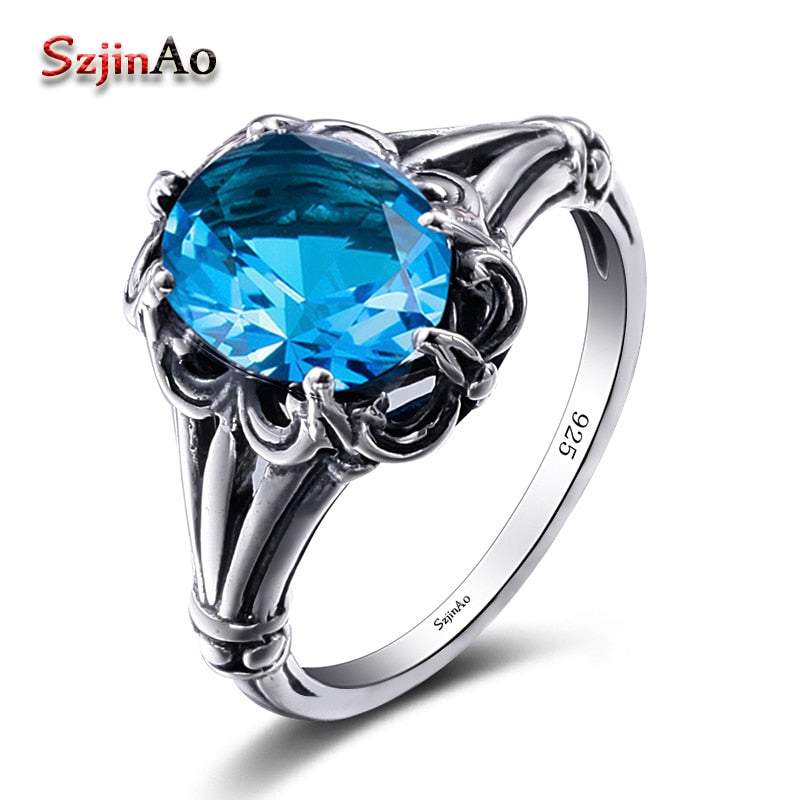 2020 100% Handmade Vintage Wedding Band Rings For Women Oval Cut Dark Blue Topaz Female Engagement Jewelry Wholesale