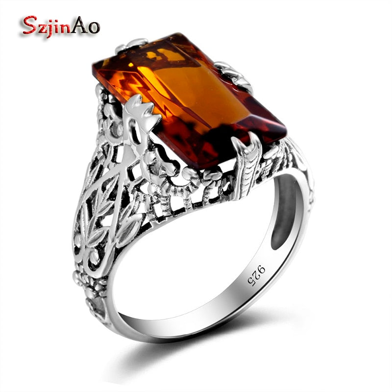 925 Silver Crystal Jewelry Hollow Vintage Style Statement Amber Cocktail Ring bague femme de marque de luxe