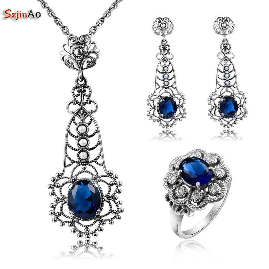 925 Sterling Silver African Party Jewelry Sets With Sapphire For Women Costume Earring Pendant Ring Wholesale