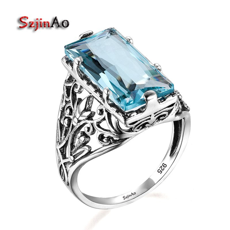 925 Sterling Silver Byzantine Austrian Aquamarine Rings For Women Fashion Jewelry Vintage Wedding Engagement Ring bijoux