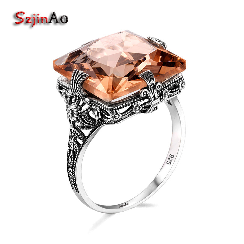 925 Sterling Silver Rings for Women Square Amber Engagement Ring Hollow Punk Female Simple Ringen Anel Wholesale
