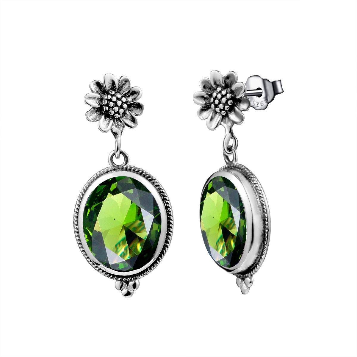 925 Sterling Silver Sunflower Green Peridot Dangle Earrings for Women Romantic Ethnic Fine Jewelry Wedding Earrings Gift