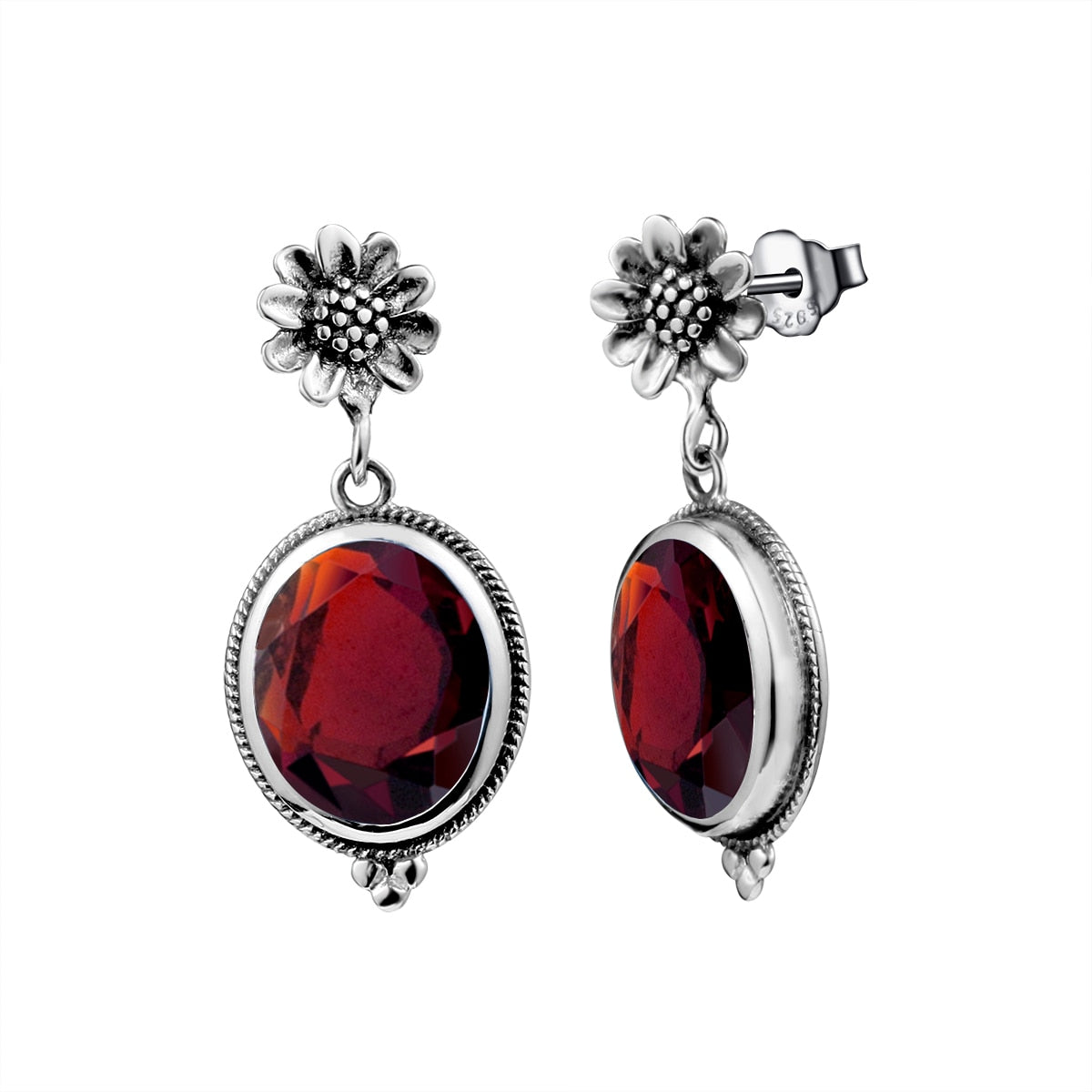 925 Sterling Silver Vintage Rose Earrings With Garnet Big Oval Hanging Earrings For Bridal Brincos Wedding Jewelry