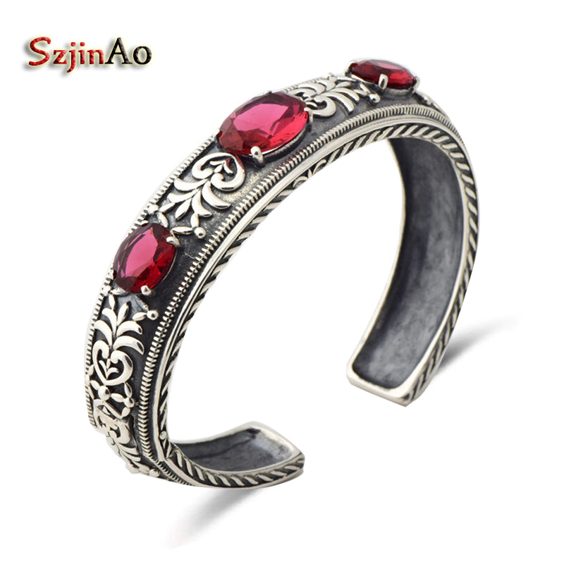 Antique 925 Sterling Silver Charm Bracelet with Love Red Stone Women Wedding Wholesale Valentine's D Gift Hot Sale