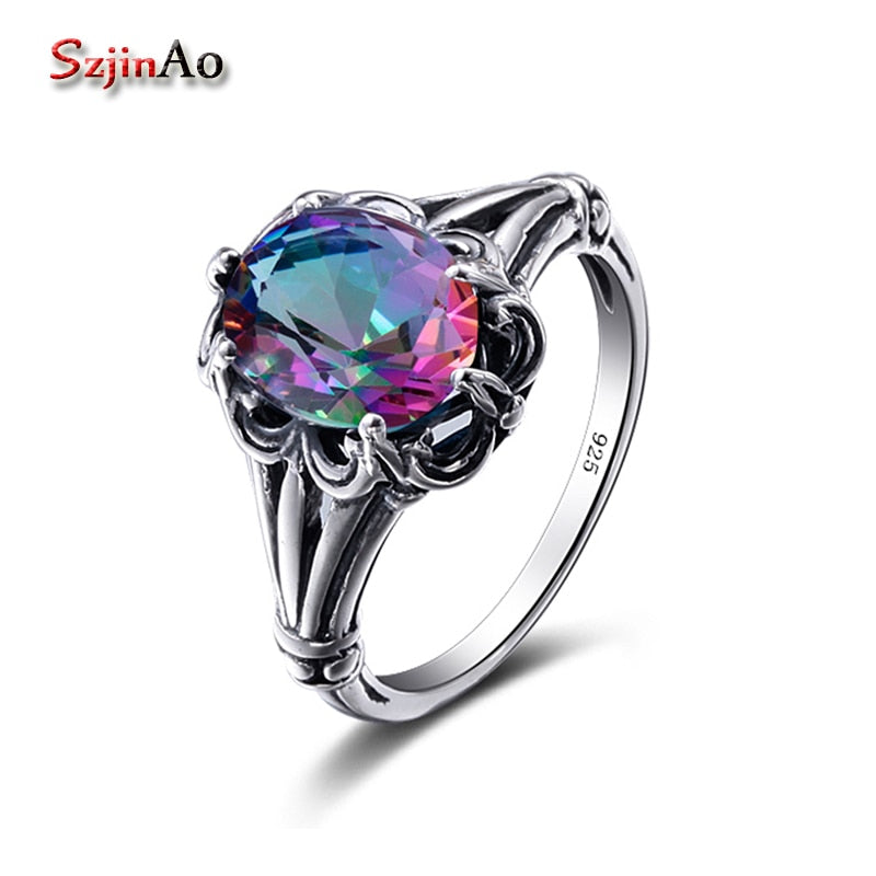 Authentic 100% 925 Sterling Silver Rings for Women Handmade Rainbow Topaz European Original Wedding Ring Fine Jewelry