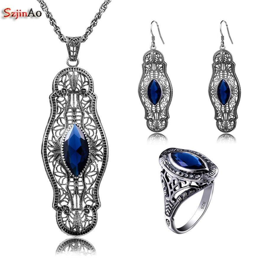 Captivating Sapphire Real 925 Sterling Silver Jewelry Vintage Sets For Women Fashion Crystal Pendant Earrings Ring