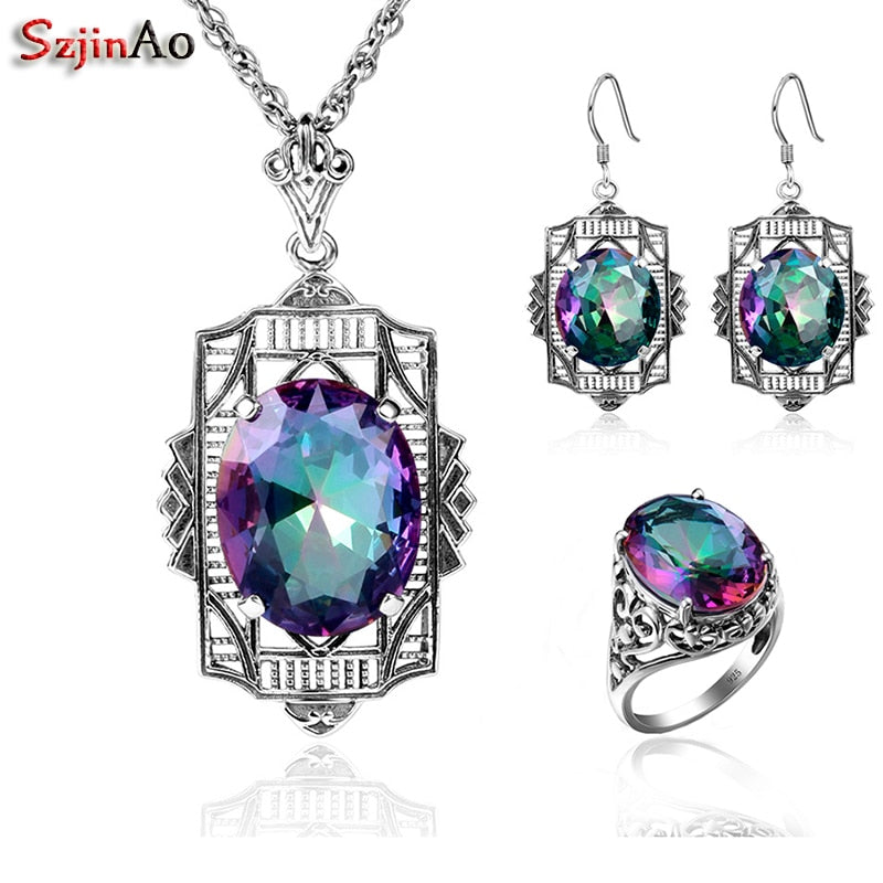 Classic Fashion Solid 925 Sterling Silver Jewelry Sets with Rainbow Mystic Topaz for Women Costume Jewelry