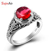 Classic Prong Engraved Garnet Ring Flower Vine Leaf Design Solid 100% 925 Sterling Silver Women's Rings Fine Accessories