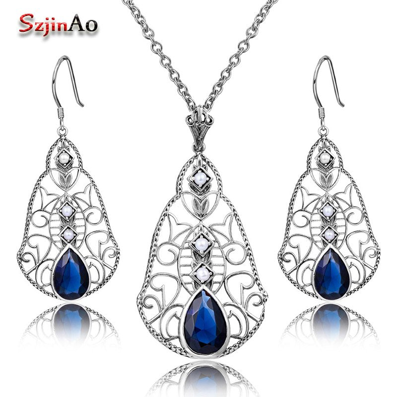 Classic Sapphire Natural Pearl Jewelry Sets Women 925 Sterling Silver Top Elegant Party Gift Costume Vintage Set