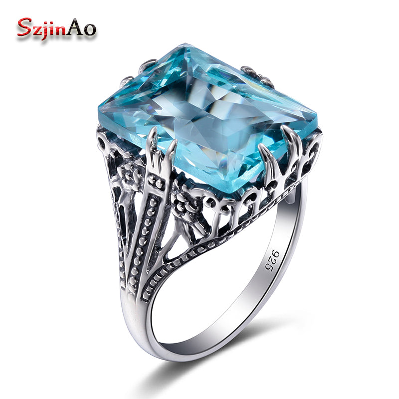 Cushion Genuine 925 Sterling Silver Rings For Women 3.4 SquareBlue Aquamarine Ring Fashion Jewelry Valentine's Gift