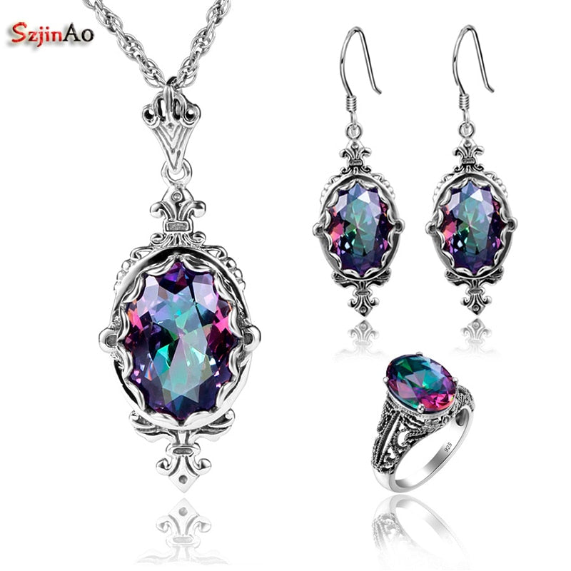 Egg Mystic RainbowTopaz Vintage Real 925 Sterling Silver Fashion Jewelry Sets For Women Wedding Pendant/Earrings/Ring