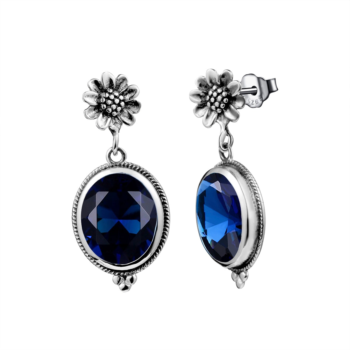Ethnic Sunflower Dangle Earrings Sapphire Handmade Statement Drop Earrings For Women 100% 925 Silver Jewelry Pendientes