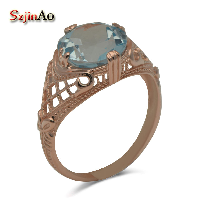 Exclusive Custom Western-style Delicate Hollow Out Roses Tianran Aquamarine 925 Sterling Silver Rings