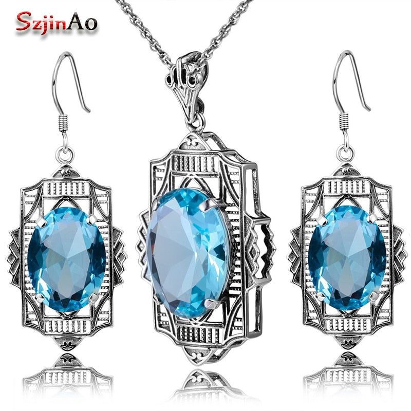 Fashion Aquamarine Jewelry Set 925 Sterling Silver Classic Pendant Earring Jewelry Set Women Vintage Wedding Decorations