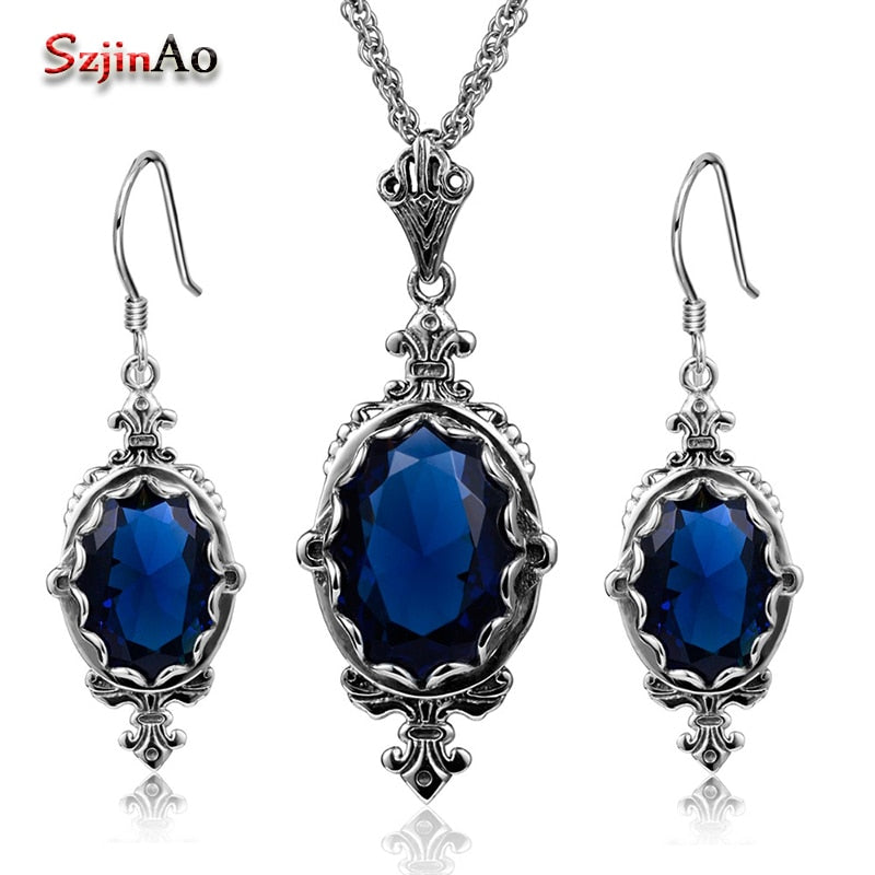 Fashion Blue Crysta Jewelry Sets Dresses For Women 925 Sterling Silver Vintage Earrings/Pendant Wedding Accessories Gift