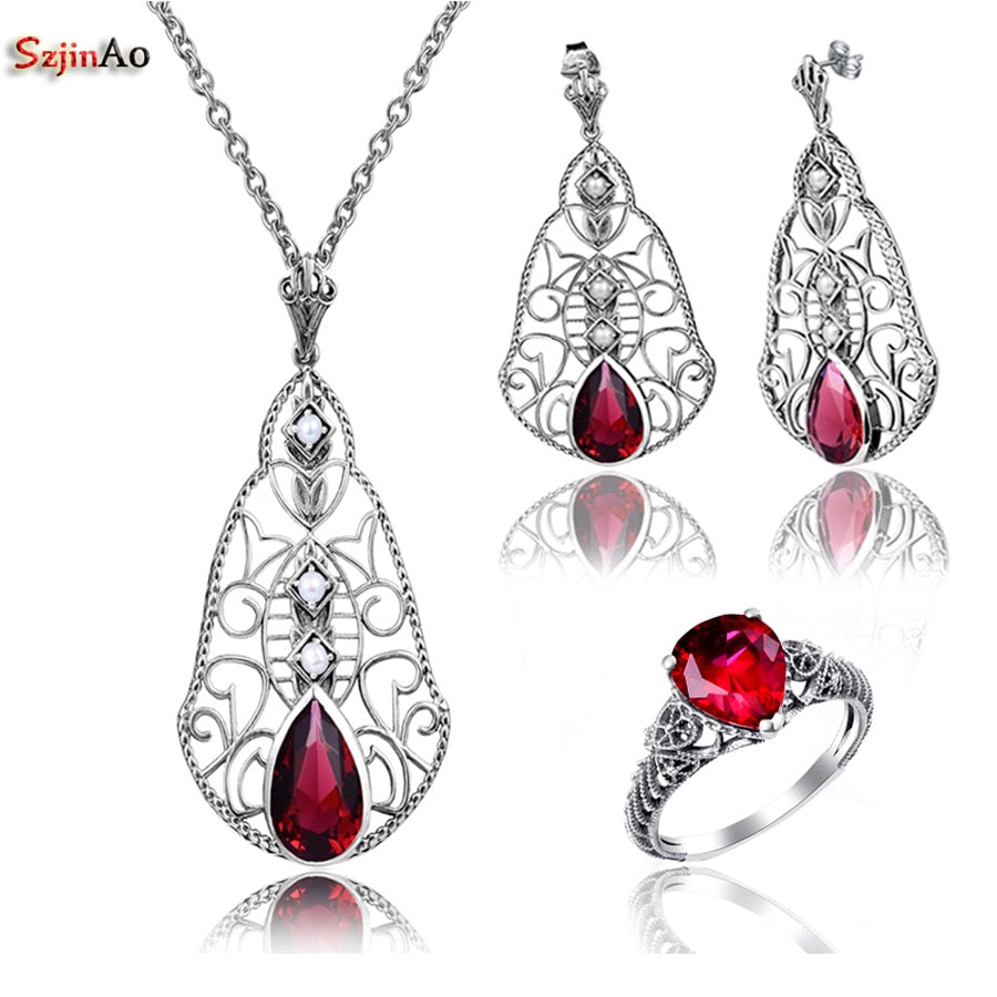 Fashion Indian Red Ruby Wedding Vintage Bohemia silver 925 Jewelry Sets for Women Bridal Pendant/Earrings/Rings