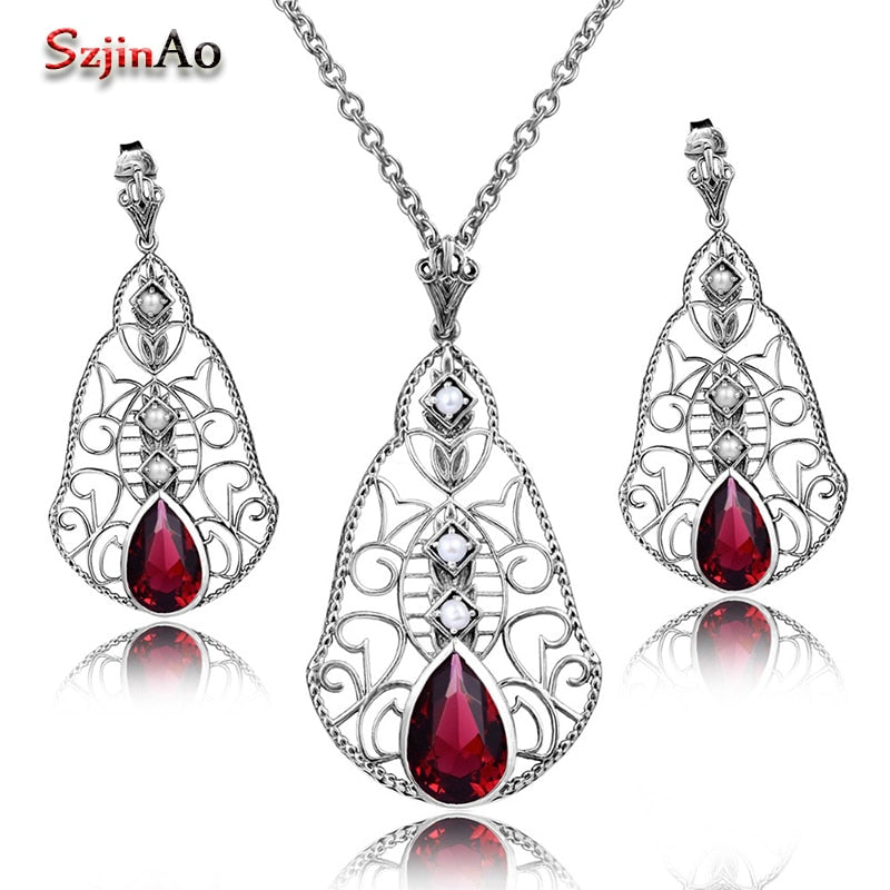 Fashion Natural Pearl Jewelry Set 925 Sterling Silver Earrings Pendant Set Red Stone Crystal Vintage Wedding Accessories