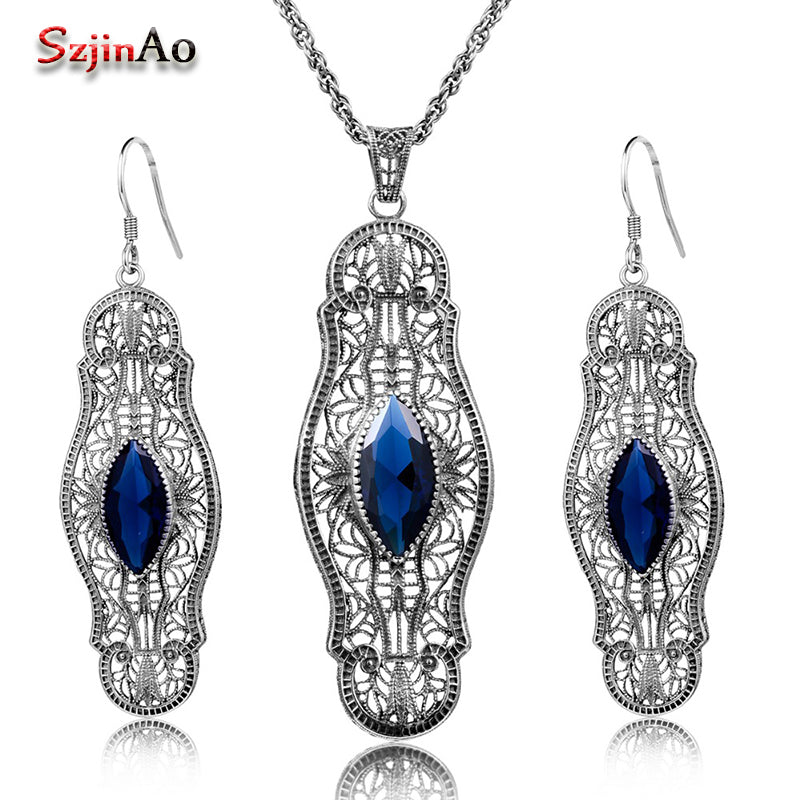 Fashion Vintage Jewelry Sets Blue Rhinestone Real 925 Sterling Silver Set Earrings Pendant Set Punk Party Gift Promotion