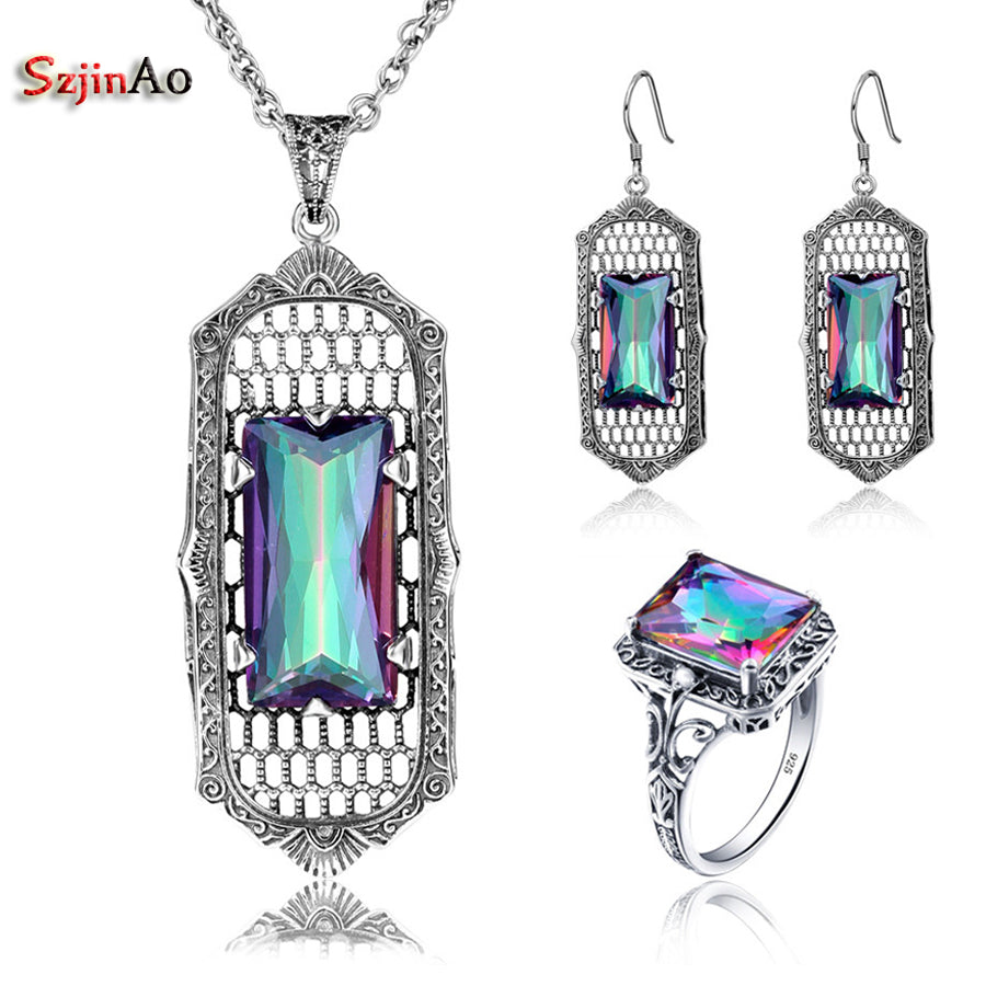 Fire Mystic Square Rainbow Topaz Color Stones Fashion Vintage 925 Sterling Silver African Party jewelry Sets For Women