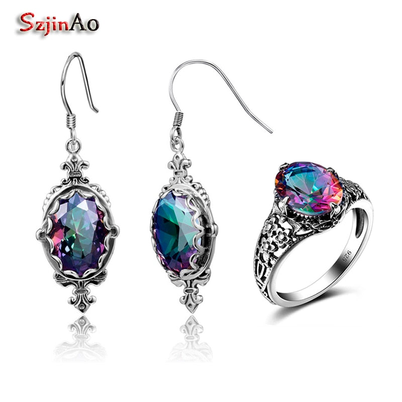 Fire Rainbow Topaz Jewelry Flower Ring Earrings Sets Wedding African Beads Jewelry Set for Women Handmade