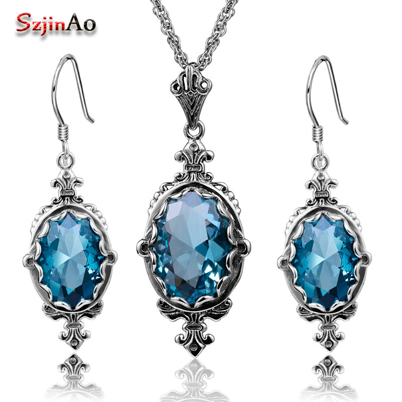 Holid Party Blue Aquamarine Jewelry Sets Oval Pendant Vintage Earrings For Women Solid 925 Sterling Silver Set