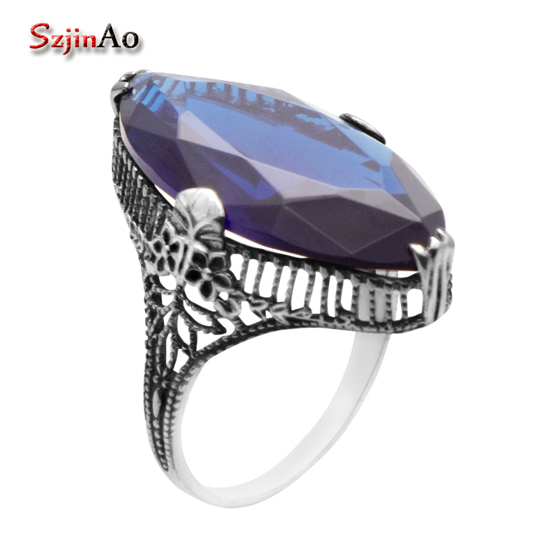 Large Rings For Women Vintage Style Sapphire Car Angel Eyes 925 Sterling Silver Tibetan Silver Rings Decoration