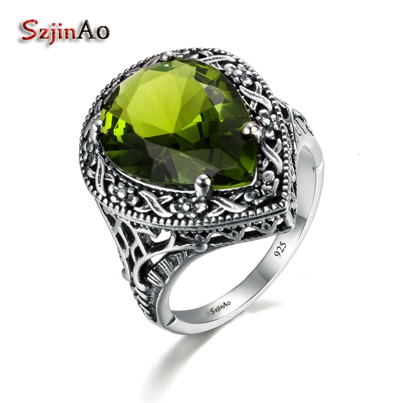 Love Rings For Women Antique Jewelry Green Olivine Women Authentic 925 Sterling Silver Ring Tibetan Handmade Ring