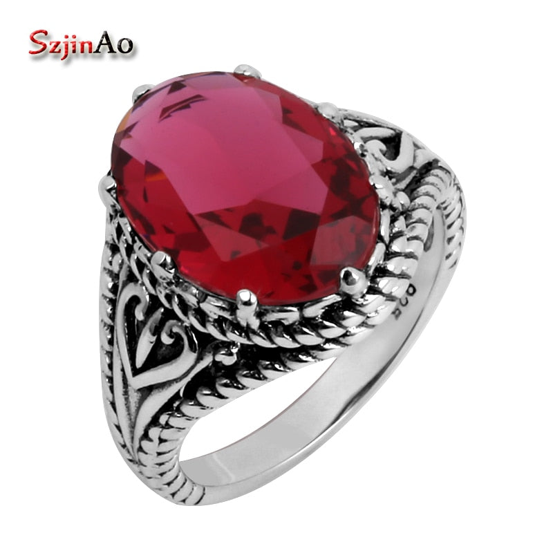 New Arrival Austrian Ruby Big Rings for Women and Men Vintage 925 Sterling Silver Retro Handmade Jewelry