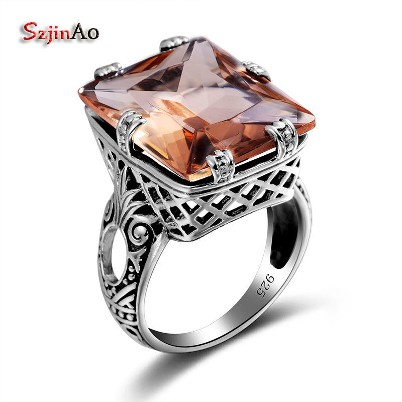 New Authentic Vintage 100% 925 Sterling Silver Wedding Bands Amber Party Gifts Jewelry For Women Big Ring Punk Bridal