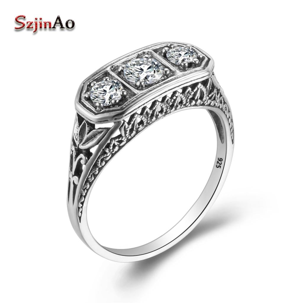 New Brand Pure 925 Sterling Silver Ring 3 Precious Stone CZ Cocktail Wedding Vintage Finger Ring Women Fine Jewelry