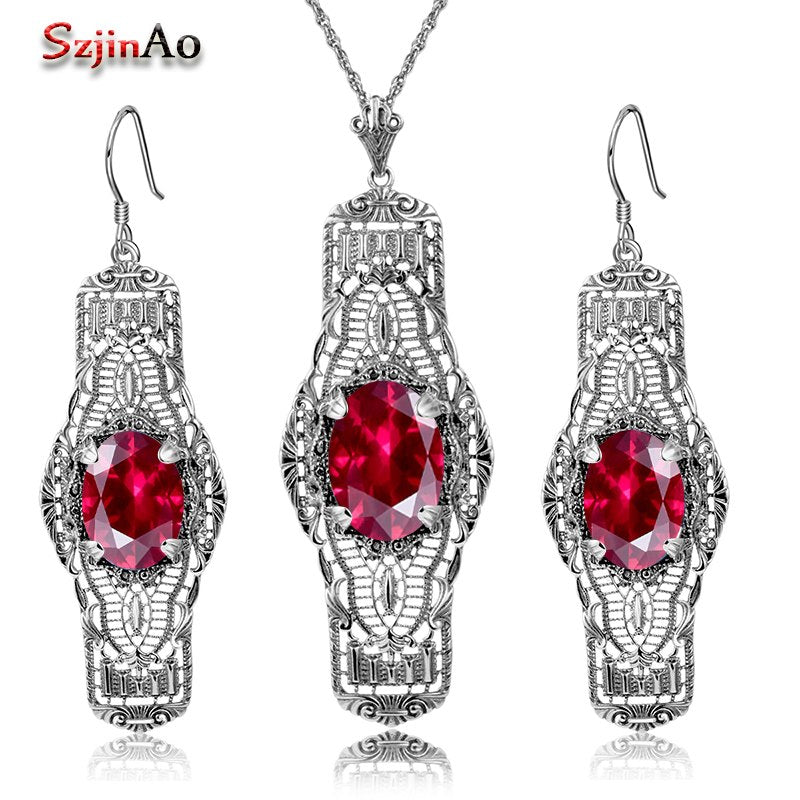 New Nigerian Wedding African Jewelry Sets Handmade Vintage Jewelry Sets 925 Sterling Silver Red Ruby Ring Pendant