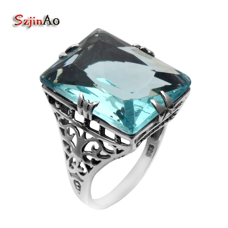 New Punk Antique Ring High Quality 925 Sterling Silver Female Blue Aquamarine Ring 925 Sterling Silver Ring Wholesale