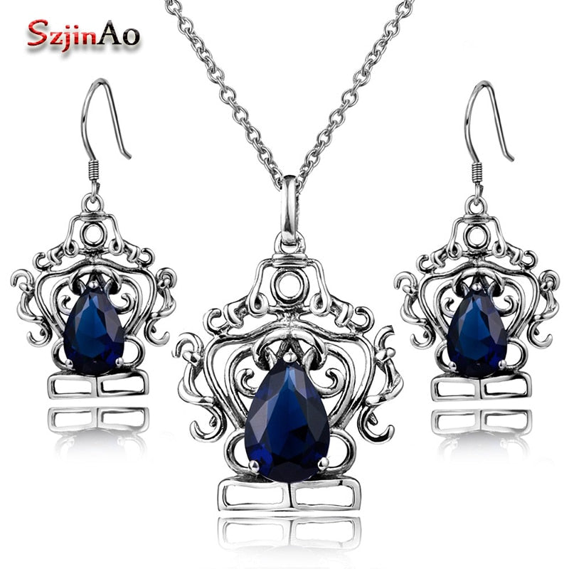 Princess Crown Jewelry Sets Retro Earrings/Pendant Costume Blue Stone Crystal Jewelry Sets 925 Sterling Silver Parure