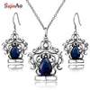 Princess Crown Jewelry Sets Retro Earrings/Pendant Costume Blue Stone Crystal Jewelry Sets 925 Sterling Silver Parure