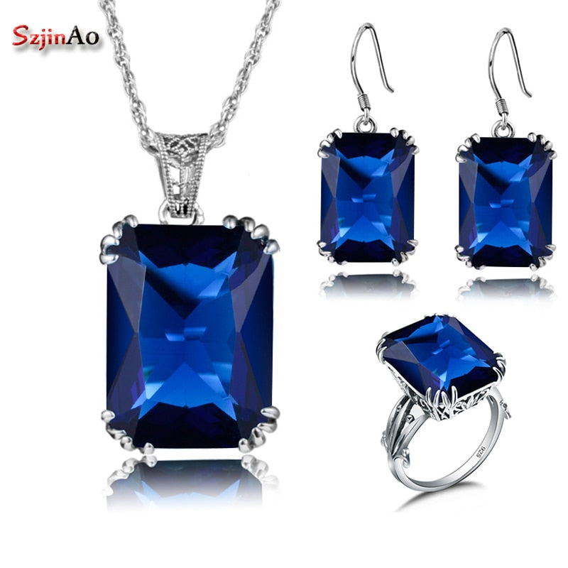 Sapphire African Beads 925 Silver Crystal Jewelry Sets For Women Wedding Bridal /Ring/Pendant/Earrings Accessories
