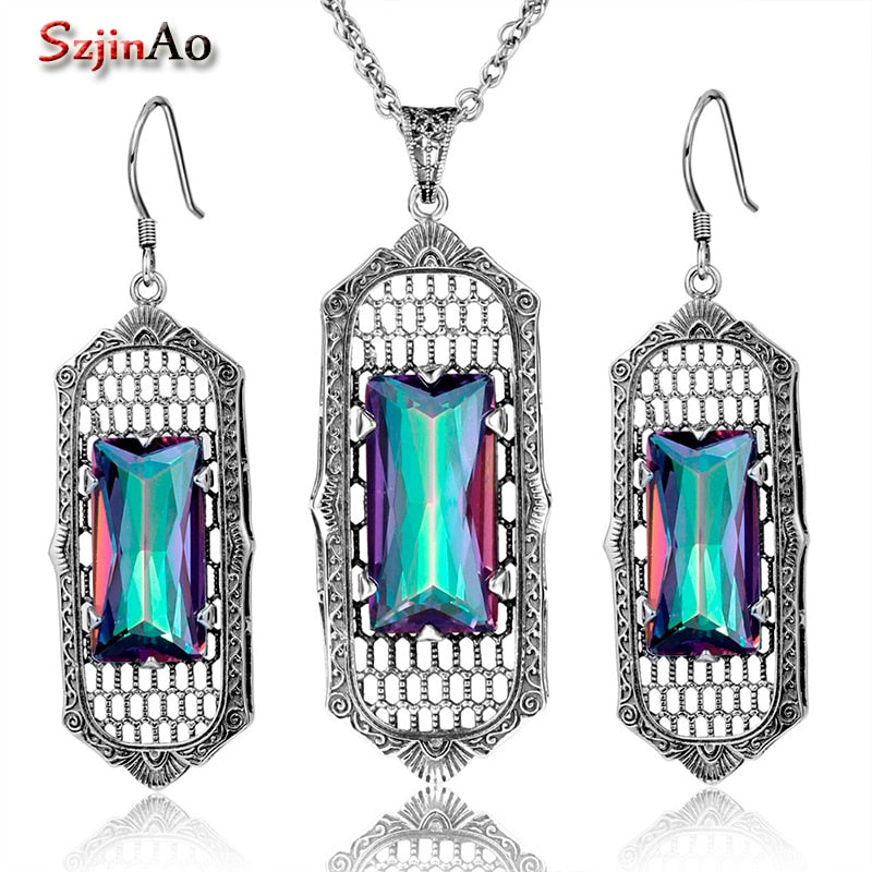 Silver 925 Jewelry Square Design Rainbow Topaz Earrings Necklace Women Dresses Turkish Jewelry Vintage Wholesale