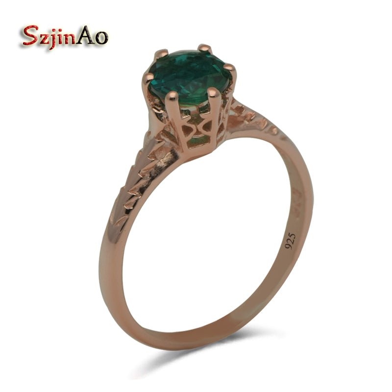 Sole Custom Pure Natural Rose Gold Color Green Stone Crystal 925 Sterling Silver Elegant Wedding Ring Female