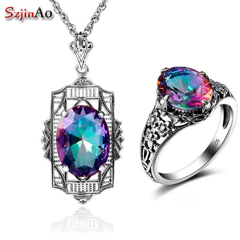 Solid 925 Sterling Silver Set Mystic Rainbow Topaz Ring+Pendant Vintage Wedding Bridal Bridesmaid African Jewelry Sets