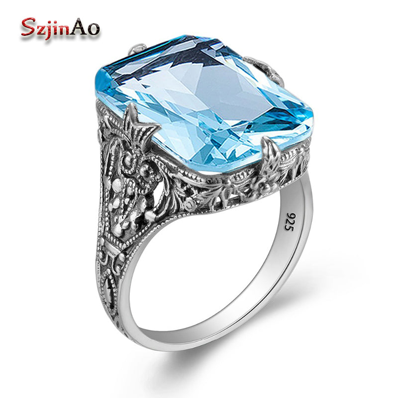 Solid 925 Sterling Silver Wedding Engagement Ring Owl Pattern Punk Handmade Aquamarine Princess Cut Jewelry JH277