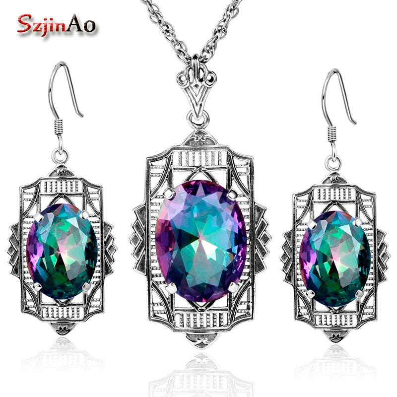 Viking Jewellery Rainbow Topaz Vintage Women African Beads Jewelry Set Oval Cut 925 Sterling Silver Earrings Jewelry