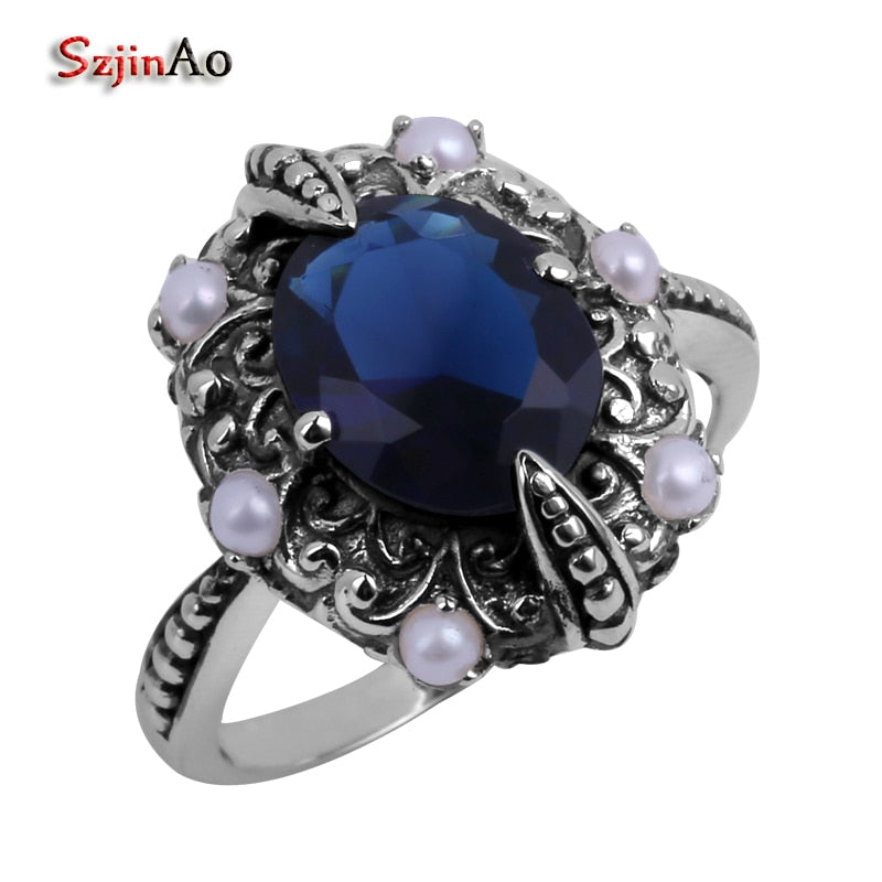 Vintage Jewelry Wholesale Fashion 100% Natural Pearl + Victoria Sapphrie Women 925 Sterling Silver Ring
