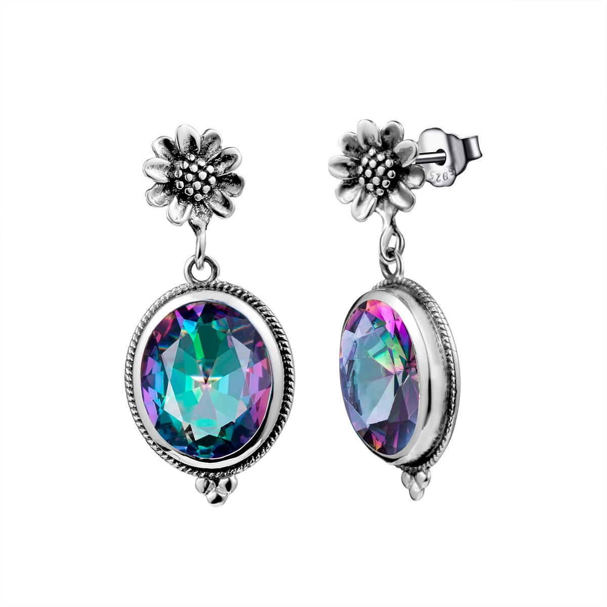 Vintage Ro 925 Silver Earrings Oval Mystic Rainbow Topaz Earrings For Bridal Wedding Women Turkish Jewelry Brincos