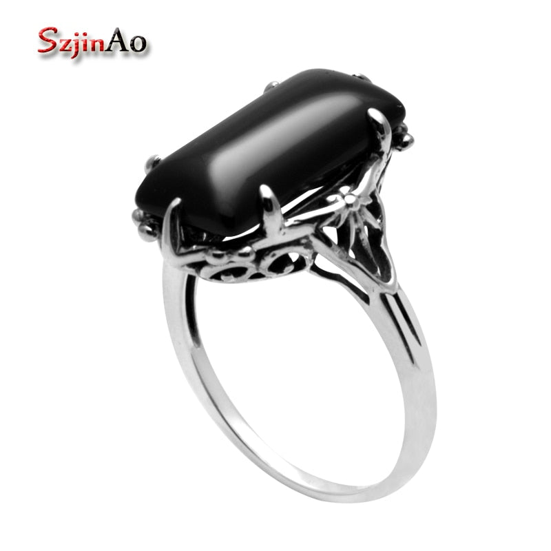 Wholesale 925 Sterling Silver Jewelry Carving Victoria Black Agate Rings 925 Sterling Silver Rings for Women