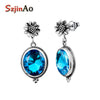 Wholesale Ethnic Dangle Oval Earrings Blue Topaz Handmade Wedding Bohemia Earrings For Women 925 Sterling Silver Jewelry