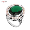 Wholesale Fashion Jewelry 100% Natural Pearl Carving Antique Jewelry Green Emerald Women 925 Sterling Silver Ring